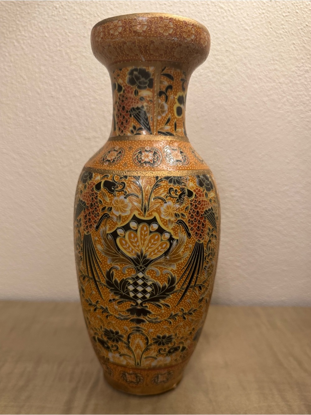 Vintage Chinese Vase Floral Multicolor -Hand Painted Decorative Vase 10"